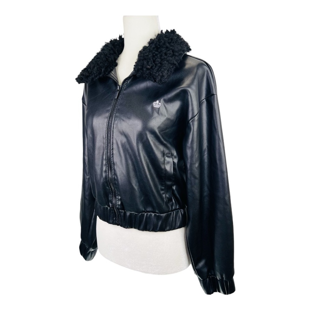 Juicy by Juicy Couture Black Vegan Leather Faux Fur Collar Cropped Moto …